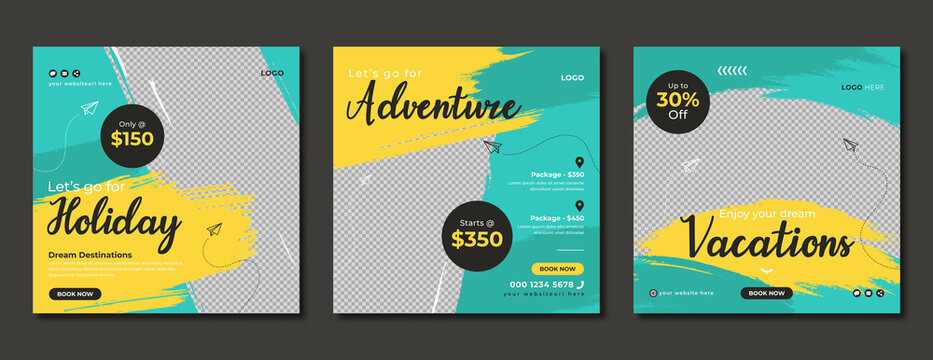 Travel sale social media post template design with abstract graphic background for travelling business marketing. Summer beach holiday tour online service promotion flyer, web banner or poster. 