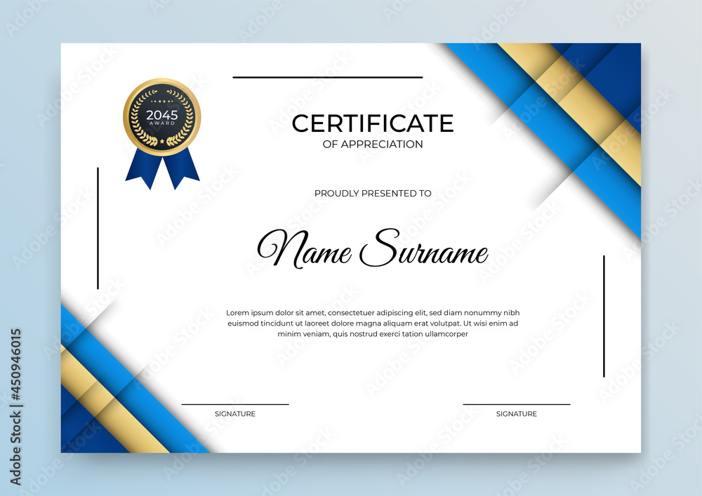 Blue and gold Certificate of achievement template set Background with ...