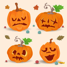 Set Of 2 Of Four Pumpkins Flat Illustration For Halloween Holiday Background Is Isolated