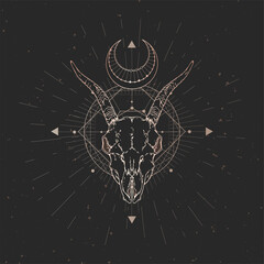 Wall Mural - Vector illustration with hand drawn Goat skull and Sacred geometric symbol on black vintage background. Abstract mystic sign. Gold linear shape. 