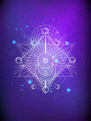 Wall Mural - Vector illustration of Sacred geometry symbol on abstract background. Mystic sign drawn in lines. Image in purple color. 