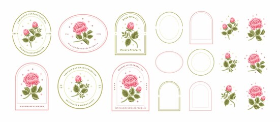 Wall Mural - Vintage Hand Drawn Pink Rose Floral Logo Element Collection