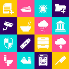 Sticker - Set Meat chopper, Cloud upload, Bank building, Sun, Bowl with chopsticks and Security camera icon. Vector