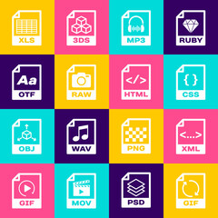 Set GIF file document, XML, CSS, MP3, RAW and OTF icon. Vector