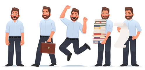 Set of character a businessman in different situations. The man is shocked, goes to work, happy and jumped