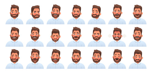 Set of different emotions of a bearded man. Fear, surprise, happiness, anger, envy. Facial expression