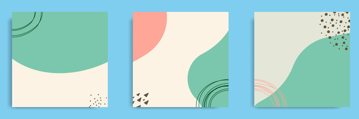 Wall Mural - Set of abstract organic fluid background template and layout in square shape for multipurpose usage web and print, banner, cover in white peach green color.