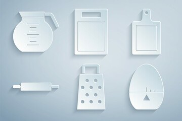 Poster - Set Grater, Cutting board, Rolling pin, Kitchen timer, and Coffee pot icon. Vector