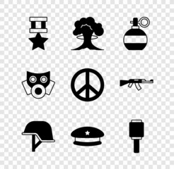 Sticker - Set Military reward medal, Nuclear explosion, Hand grenade, helmet, beret, Anti-tank hand, Gas mask and Peace icon. Vector