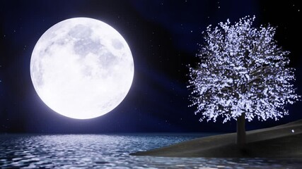 full blue moon in the night sky there are stars in the sky. super moon in the middle of the sea with