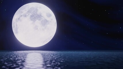 the blue full moon is reflected in the sea. a wave and movement of water from the ocean to island. t