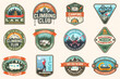 Set of Rock Climbing club and summer camp badges. Vector Concept for shirt or print, stamp, patch or tee. Vintage typography design with camping tent, trailer, camper, climber, carabiner and mountains