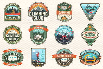 set of rock climbing club and summer camp badges. vector concept for shirt or print, stamp, patch or
