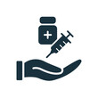 Get Vaccine Against Coronavirus Silhouette icon. Palm with Syringe and Bottle. Syringe and Vaccine Vial flat icon. Treatment for Coronavirus Covid-19. Vector illustration