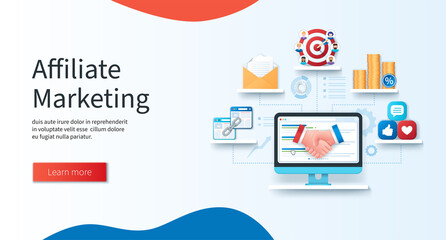 Affiliate marketing concept. Handshake, email, link, target, social media icons. Referral program, business partnership banner. Web vector illustrations in 3D style