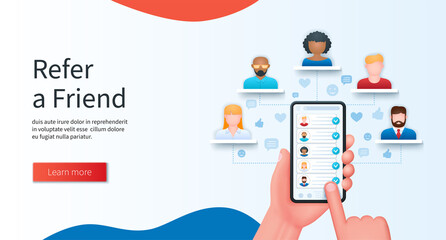 Refer a friend program concept. Hand holds a mobile phone with a list of friends on the screen. Referral program, business partnership banner. Web vector illustrations in 3D style
