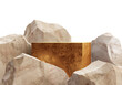 Golden podium for display products with stones. Isolated, clopping path included. 3d illustration