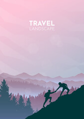 Wall Mural - Extreme mountain climbing. Helping hand. Travel concept of discovering, exploring and observing nature. Hiking tourism. Adventure. Minimalist graphic flyer. Polygonal flat design. Vector illustration