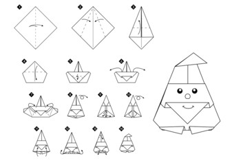 Poster - How to make origami santa claus. Step by step black and white DIY instructions. Outline monochrome vector illustration.