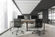 Open space office interior with combination office desks, grey