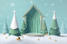 Winter Christmas Background With Christmas Tree And Stand, Podium, Pedestal For Product Presentation