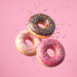 Flying Frosted sprinkled donuts. Set of multicolored doughnuts with sprinkles isolate on pink background. 3d rendering.