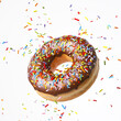 Flying Frosted sprinkled Chocolate donut or doughnut isolate on white background. 3d rendering.