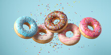 Flying Frosted Sprinkled Donuts. Set Of Multicolored Doughnuts With Sprinkles Isolate On Color Background. 3d Rendering.