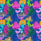 Fototapeta Młodzieżowe - Seamless pattern Funny Color Seamless Pattern With Mermaids depicting marine life, ocean animals, sailor, Underwater multicolored seamless pattern.Watercolor background of the sea world with a cute me