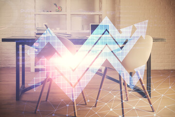 Double exposure of grow arrows and office interior background. Concept of Growth.