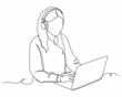 © Yana - Continuous one line drawing of businesswoman in headphones has video call in silhouette on a white background. Linear stylized.Minimalist.