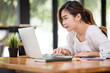 © David - Confident Asian young businesswoman working on laptop at her workplace at modern office.Blurred background.