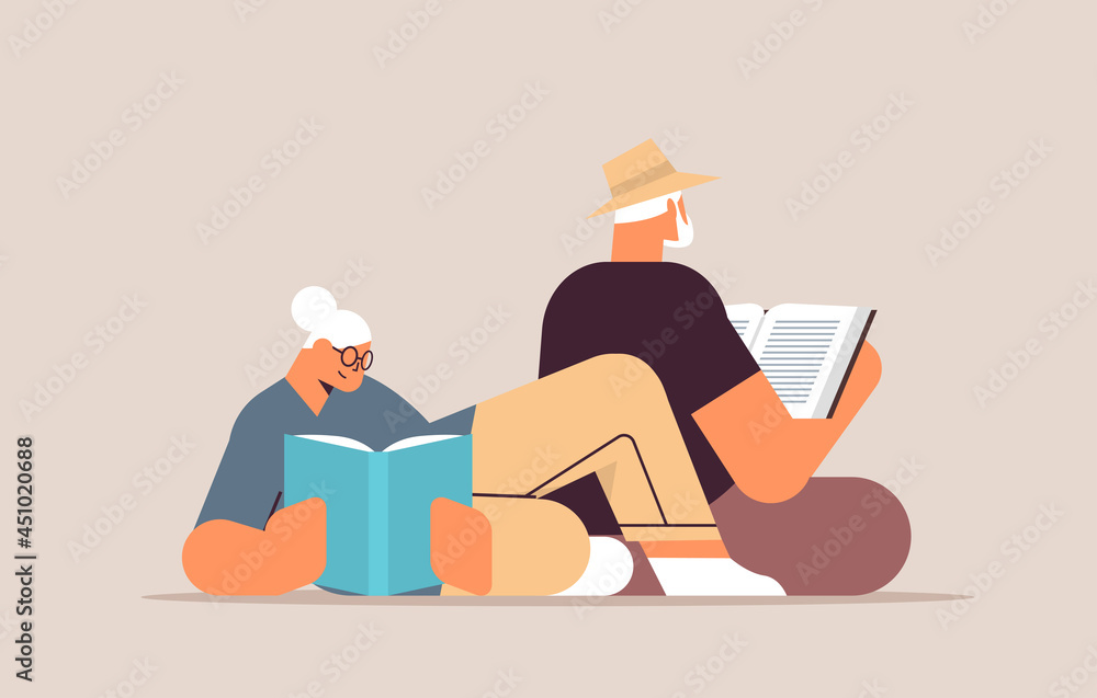 senior couple reading books old man and woman family spending time together relaxation retirement concept - obrazy, fototapety, plakaty 