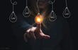 © Dilok - Businessman hand touching glowing lightbulb among lamp does not light for selective creative smart thinking ideas and innovation concept.