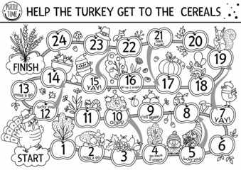 Wall Mural - Thanksgiving Day black and white dice board game with cute turkey and forest animals. Autumn holiday line boardgame with pumpkin, harvest, trees. Fall outline activity or printable worksheet for kids