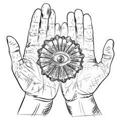 Fortune Teller hands or witch hands with all seeing eye. Mystic and occult symbols. Palmistry concept of spirituality, astrology and esoteric concept. Magic black ink tattoo flash idea. Vector