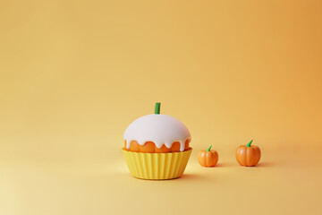 Minimal pumpkin cupcake with white icing for halloween coming in the autumn and the sunshine 3d illustration 