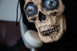 headshot of a telephoning toy skull, symbol for waiting a life time at a hotline