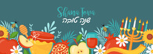 Jewish Holiday Rosh Hashanah Concept With Honey, Apple And Pomegranate. Vector Illustration. Text In Hebrew: "Happy New Year"
