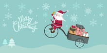 Funny Christmas Illustration. Cute Santa Claus On Bicycle Delivering Christmas Gifts. Merry Christmas Lettering. Christmas Card - Greetings - Holiday Concept. Flat Vector Illustration.