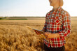 © maxbelchenko - Farmer checking wheat field progress, holding tablet and using Internet.  Smart farming concept.