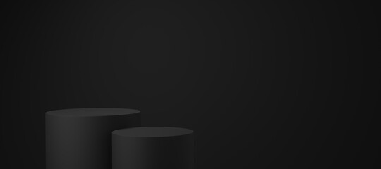 Wall Mural - Empty black cylinder podium floating on black copy space background. Abstract minimal studio 3d geometric shape object. Monotone pedestal mockup space for display of product design. 3d rendering.