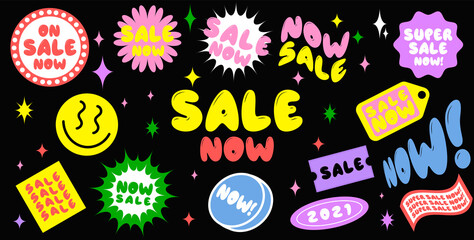 Sale now banner. Discount price tags, colorful cartoon style promo stickers, Acid graphics, all elements isolated