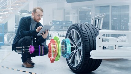 Poster - Automotive Engineer Working on Electric Car Chassis Platform, Using Augmented Reality Headset with 3D VFX Software for Development of Regenerative Braking System on a Concept Transport Vehicle.