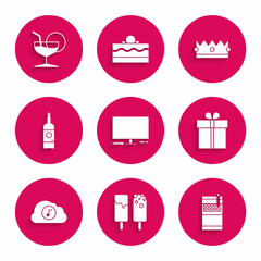 Wall Mural - Set Video game console, Ice cream, Open cigarettes pack box, Gift, Music streaming service, Beer bottle, Crown and Martini glass icon. Vector