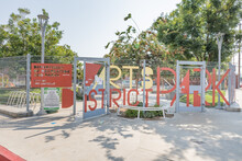 Los Angeles, California, USA – August 15, 2021: Front Gate View Of Arts District Dog Park