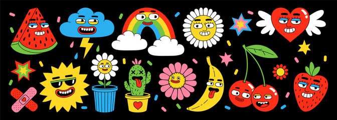 Wall Mural - Sticker pack of funny cartoon characters. Vector illustration of heart, fruits, berry, rainbow, clouds, abstract faces.