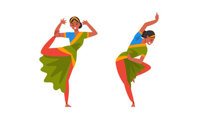 Sticker - Young Woman Indian Dancer with Bindi in Traditional Clothes Performing Folk Dance Vector Set