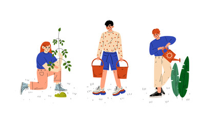 Poster - Man and Woman Working in Garden Watering and Cultivating Plant Vector Set