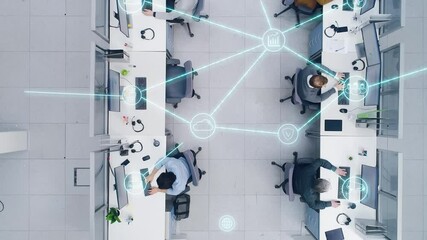 Top Down Footage of a Busy Corporate Office with Tow Rows off Businessmen and Businesswomen Working on Desktop Computers. VFX Animation of Connected Technological Social Network Between Colleagues.